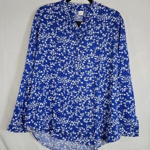 Blue Floral Long-Sleeve Split-Neck Lightweight Blouse